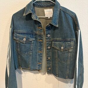April Kiss Cropped Denim Jacket in Medium Wash with White Stripe